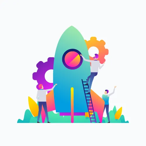 illustracion de un equipo armando un cohete